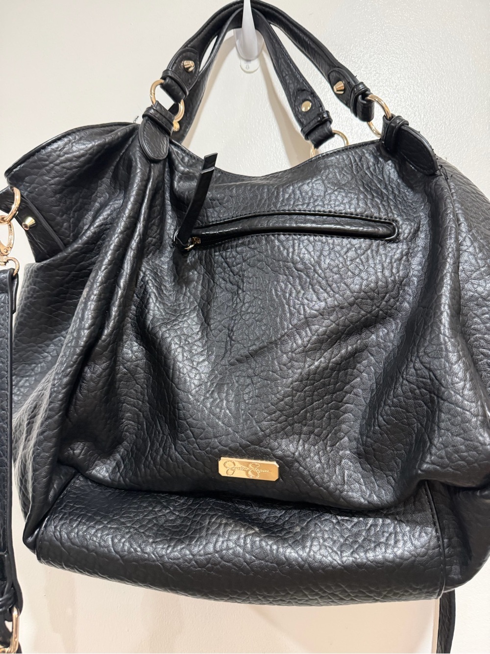 Jessica Simpson Black Faux Leather Moto Satchel Shoulder Bag Gold Hardware - Picture 6 of 10